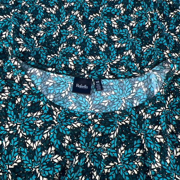 Rafaella Enchanting Leaf Pattern Bell Sleeve Top LARGE Teal Cream Black Asymmetr - Picture 10 of 15